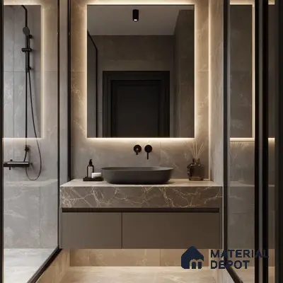 Dark Elegance: Refined Bathroom with Sophisticated Marble Accents and Matte Black Fixtures | Material Depot
