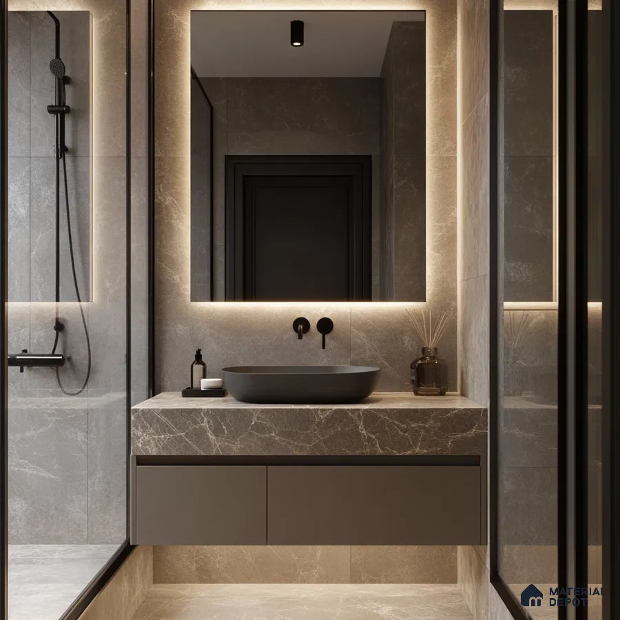 Dark Elegance: Refined Bathroom with Sophisticated Marble Accents and Matte Black Fixtures | Material Depot