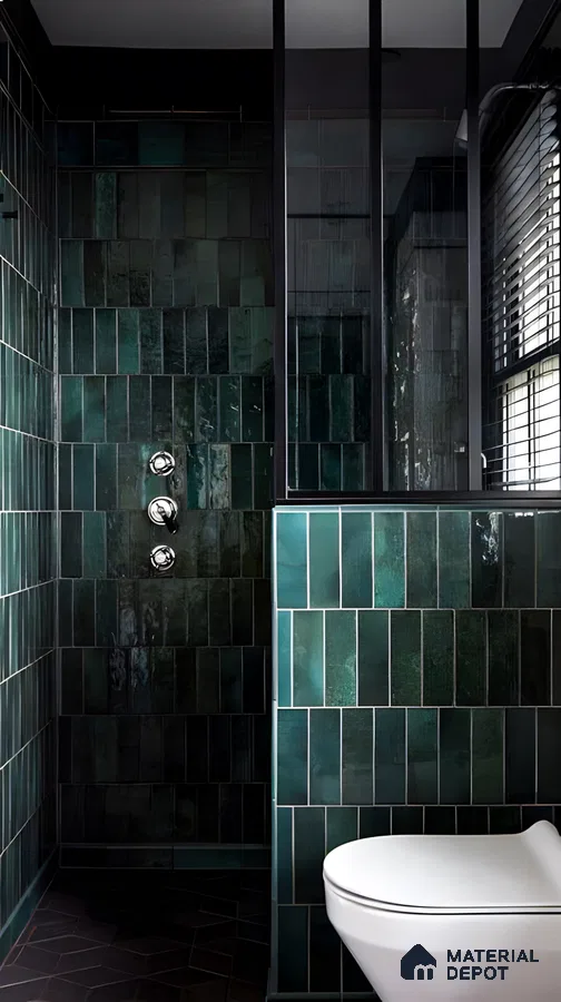 Dark Green Subway Tile Bathroom with Industrial Accents | Material Depot