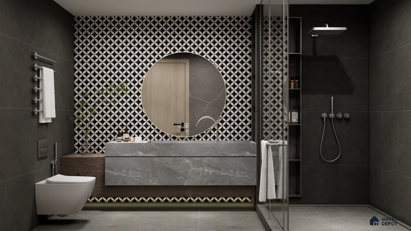 Dark Luxe Bathroom with Geometric Accent Wall | Material Depot