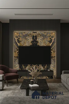 Minimalist Living Room with White Marble TV Wall and Wooden Accents | Material Depot