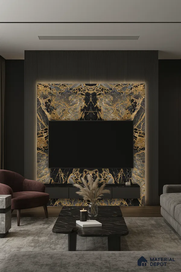 Minimalist Living Room with White Marble TV Wall and Wooden Accents | Material Depot