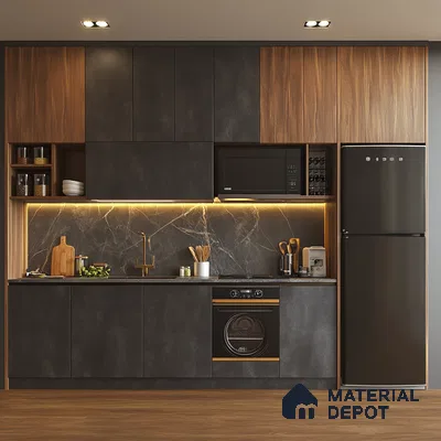 Dark Modern Kitchen with Marble Feature Wall and Ambient Lighting | Material Depot