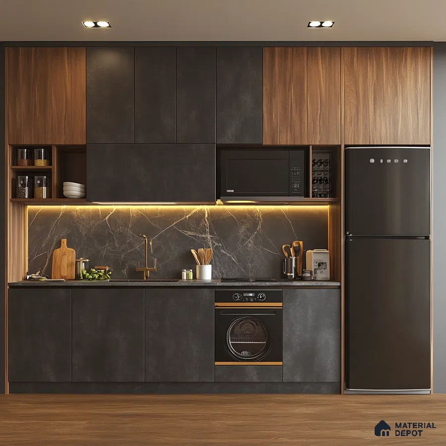 Dark Modern Kitchen with Marble Feature Wall and Ambient Lighting | Material Depot