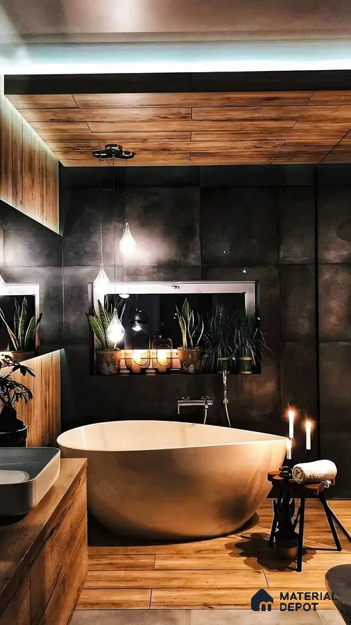 Dark Rustic Bathroom With Wooden Flooring | Material Depot