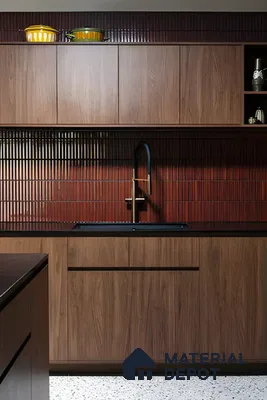 Dark Terracotta Ribbed Backsplash with Walnut Cabinets | Material Depot