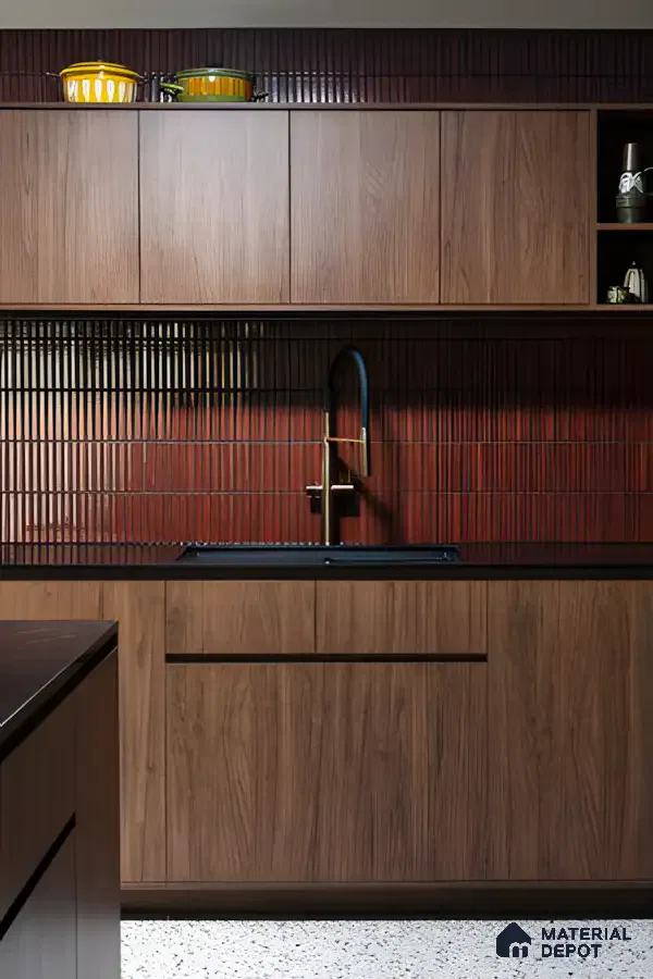 Dark Terracotta Ribbed Backsplash with Walnut Cabinets | Material Depot