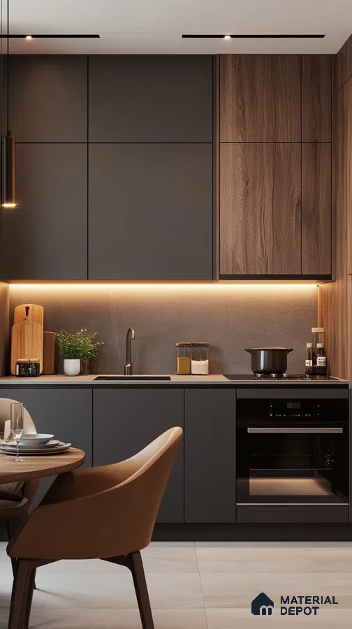 Dark Tone Kitchen with Wood Detailing and Modern Appliances | Material Depot