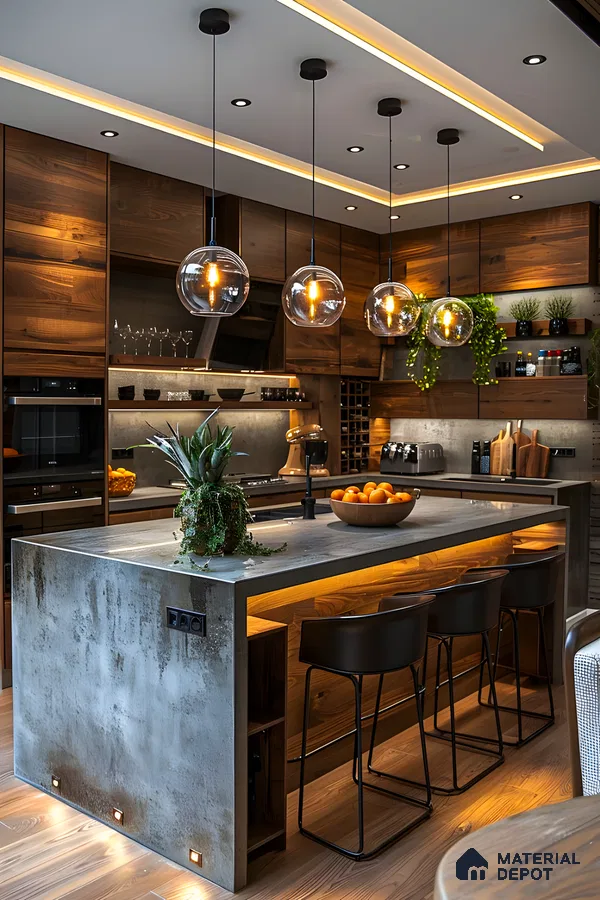 Dark Wooden Effect With Greyish Backsplash Decorative Kitchen | Material Depot