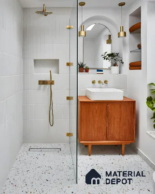 Decorative Bathroom with Terrazzo Floor and Gold Fixtures | Material Depot