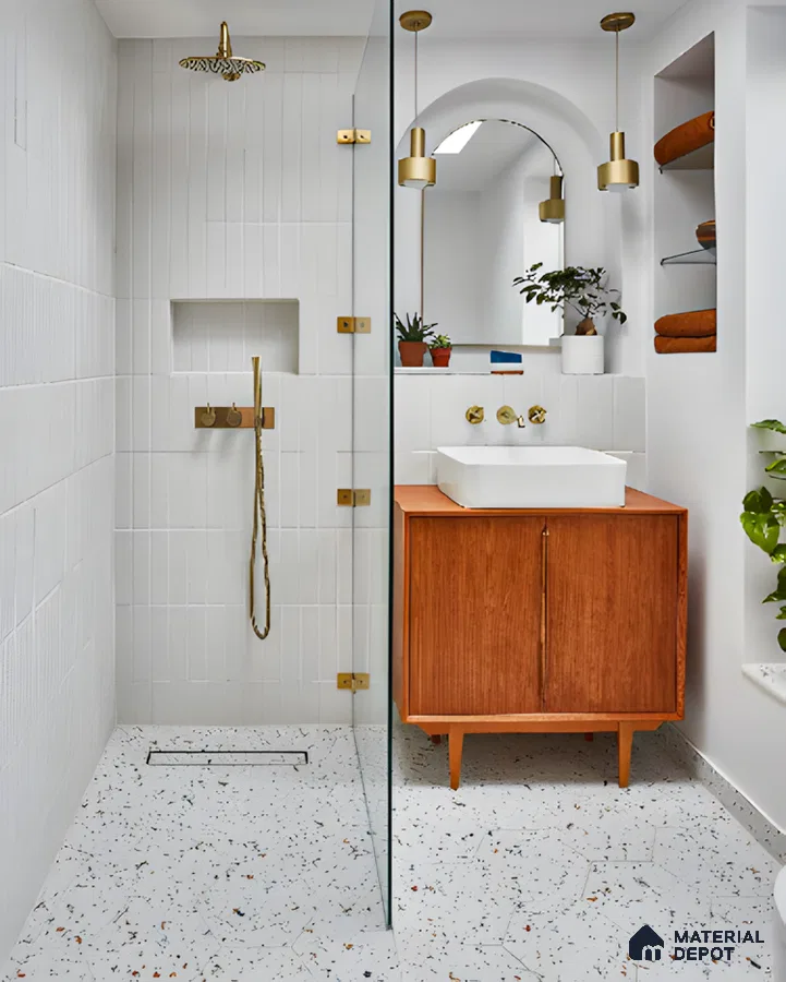 Decorative Bathroom with Terrazzo Floor and Gold Fixtures | Material Depot