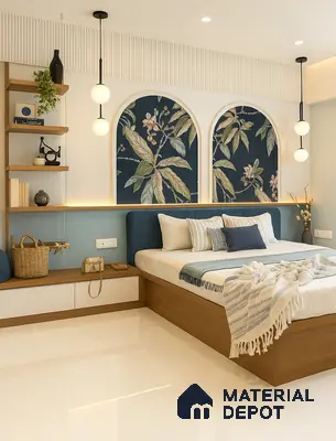 Designer Bedroom with Arched Botanical Wall Panels, Floating Side Unit, Pendants & Upholstered Bed in Prestige Kensington Gardens Jalahalli | Material Depot