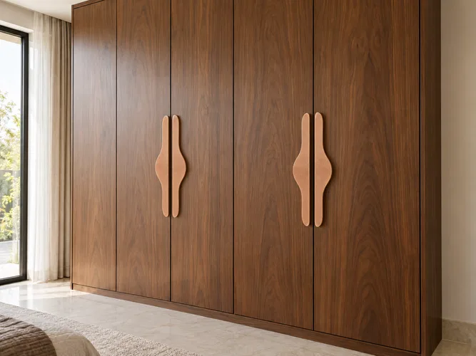 Walnut wardrobe with sculptural copper handles featuring curved silhouettes and fine engraved ridges in a softly lit bedroom
