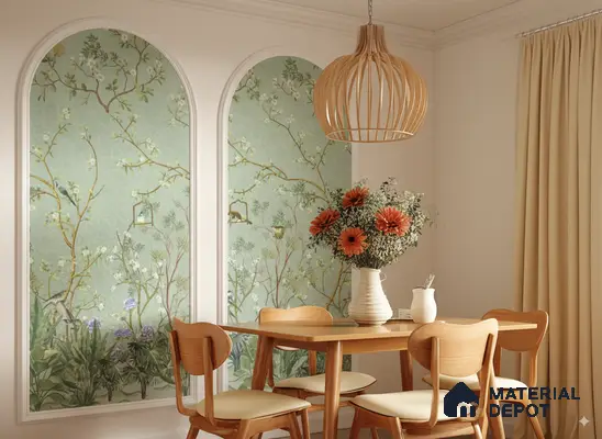 Dining Area with Botanical Wallpaper and Wooden Furniture in 3BHK Apartment, Sumadhura Silver Ripples Whitefield | Material Depot
