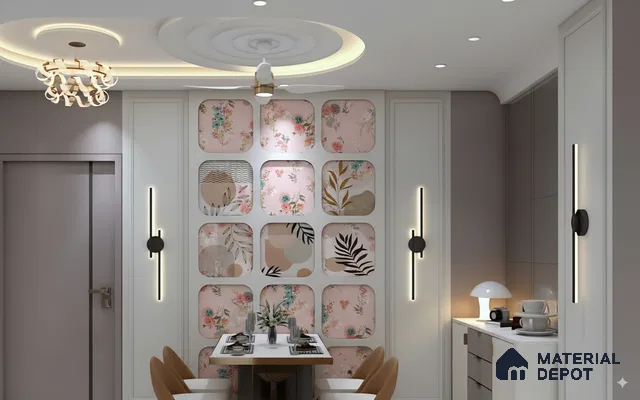 Dining Area with Pink Floral Accent Wall in 3BHK Apartment, Brigade Metropolis Mahadevpura Whitefield | Material Depot