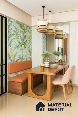 Dining Nook with Tropical Botanical Wallpaper, Built-in Bench Seating, Wooden Dining Table & Layered Pendant Lights in Prestige Royal Garden Doddaballapur | Material Depot