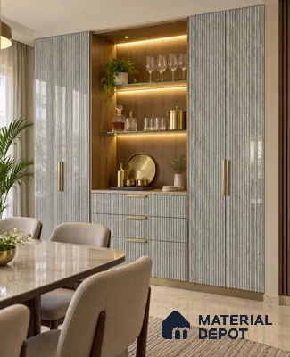 Dining Room Bar Unit with Grey Ribbed High-Gloss Laminate