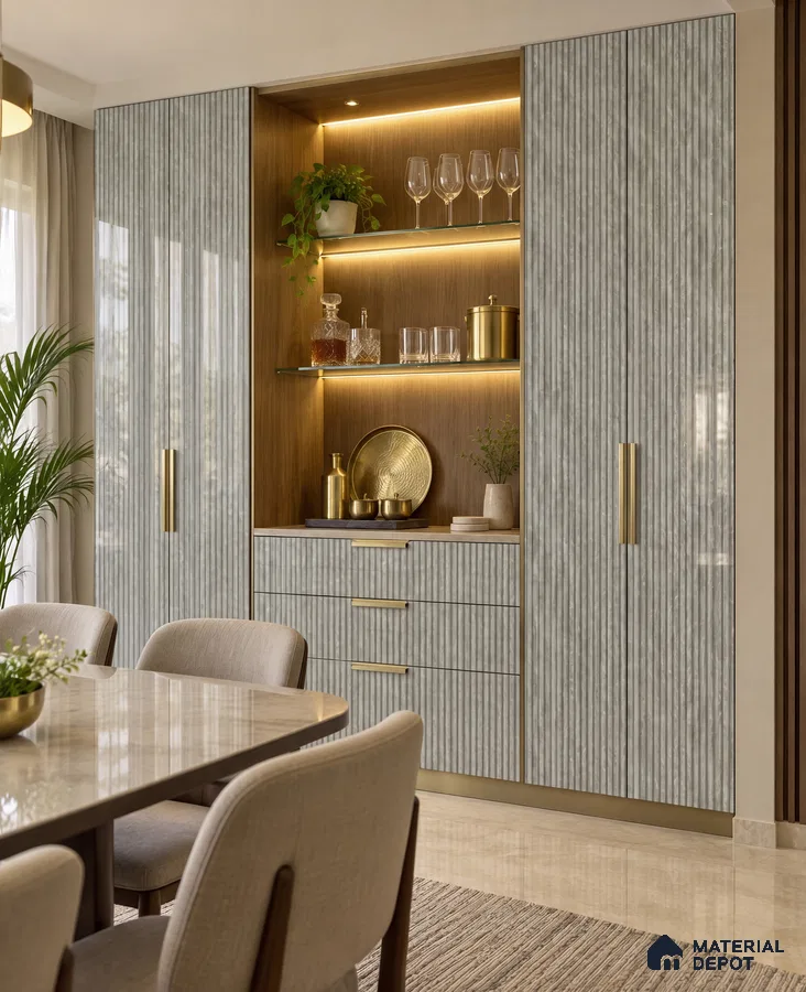 Dining Room Bar Unit with Grey Ribbed High-Gloss Laminate