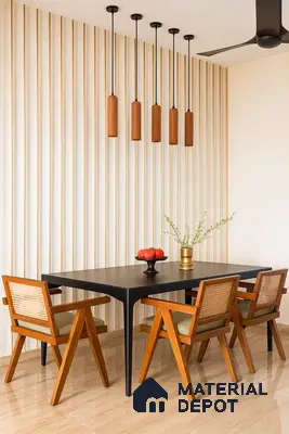 Dining Room with Fluted Wall Panels, Cane-Back Wooden Chairs, Black Minimal Dining Table & Warm Beige Marble-Look Flooring in Prestige Royal Garden Doddaballapur | Material Depot