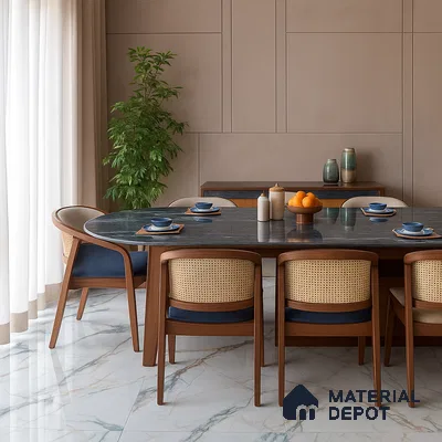 Dining Room with Glossy Blue-Green Marble Flooring and Wooden Accents in 2BHK Purva Venezia, Yelahanka | Material Depot