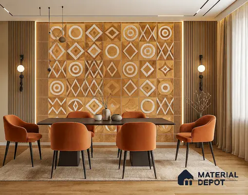 Dining Room with Moroccan Accent Tile Wall, Fluted Side Panels, Upholstered Rust Chairs, Black Metal Base Dining Table & Wooden Flooring at Prestige Misty Waters Hebbal | Material Depot