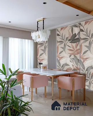 Dining Room with Pastel Botanical Wallpaper Panels, Fluted Accent, White Marble Dining Table, Crystal Chandelier & Blush Upholstered Chairs in Prestige Royal Garden Doddaballapur | Material Depot