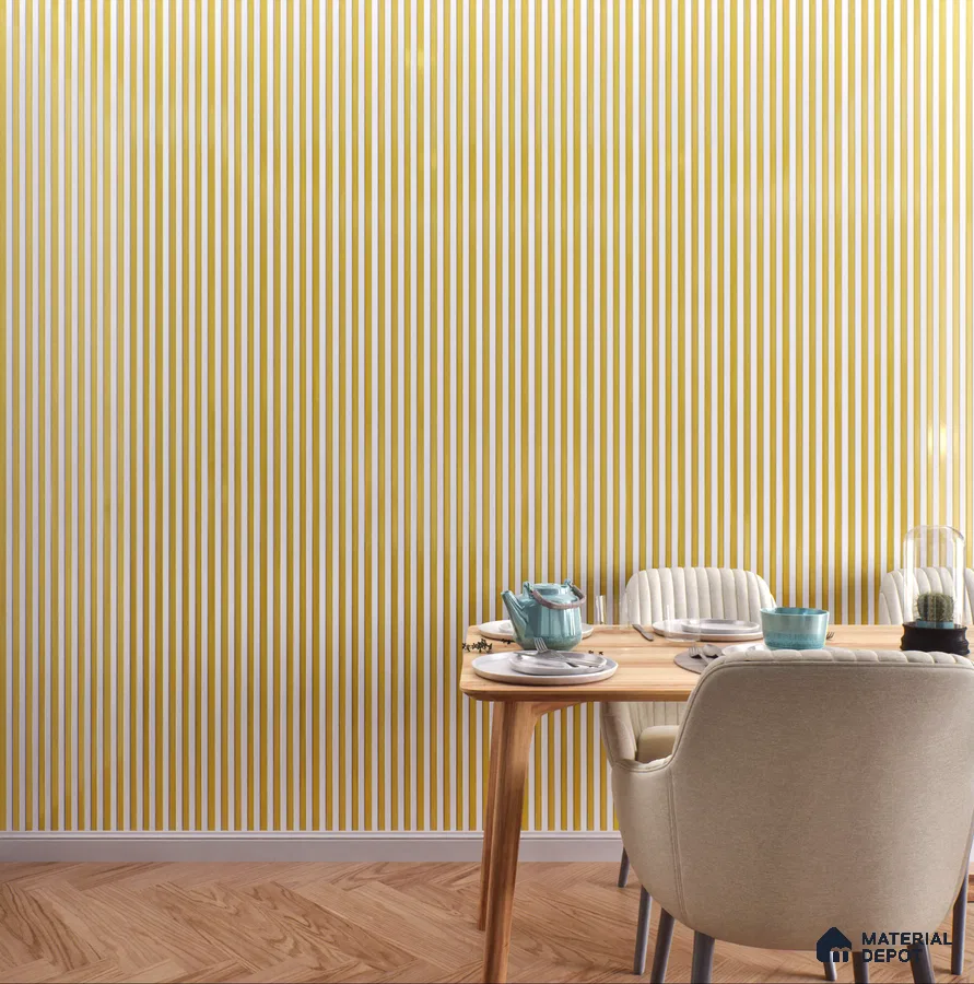 Dining Room with Yellow and White Striped Louver Panels | Material Depot