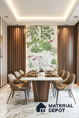 Dining Space with Tropical Flamingo Mural, Wooden Fluted Panels & Marble Top Table in Prestige Misty Waters Hebbal | Material Depot