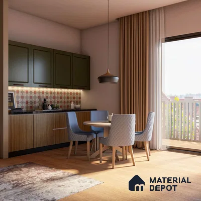Dining area with green cabinets, wooden table, blue chairs, and balcony view