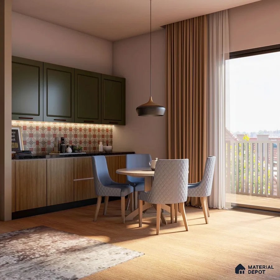 Dining area with green cabinets, wooden table, blue chairs, and balcony view