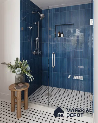 Dramatic Blue Tiled Shower with Black and White Checkered Floor and Modern Fixtures | Material Depot