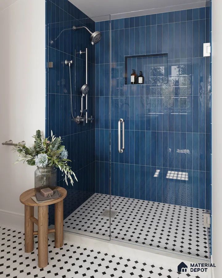 Dramatic Blue Tiled Shower with Black and White Checkered Floor and Modern Fixtures | Material Depot