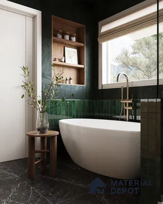 Dramatic Dark Green and Black Tile Bathroom with Freestanding Tub and Golden Accents | Material Depot