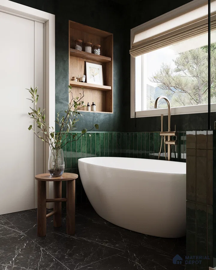 Dramatic Dark Green and Black Tile Bathroom with Freestanding Tub and Golden Accents | Material Depot
