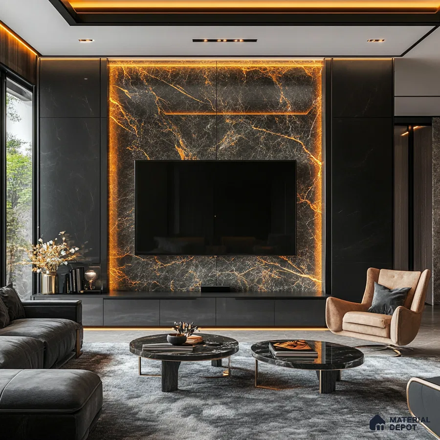 Dramatic Dark Luxury: A Modern Living Room with a Marble Feature Wall | Material Depot