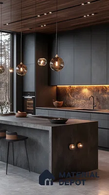 Dramatic Flair: A Dark Kitchen with Warm Wood Accents and Unique Lighting | Material Depot
