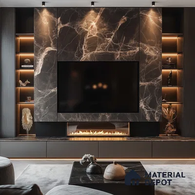 Dramatic Living Room with Black Marble Feature Wall and Fireplace | Material Depot