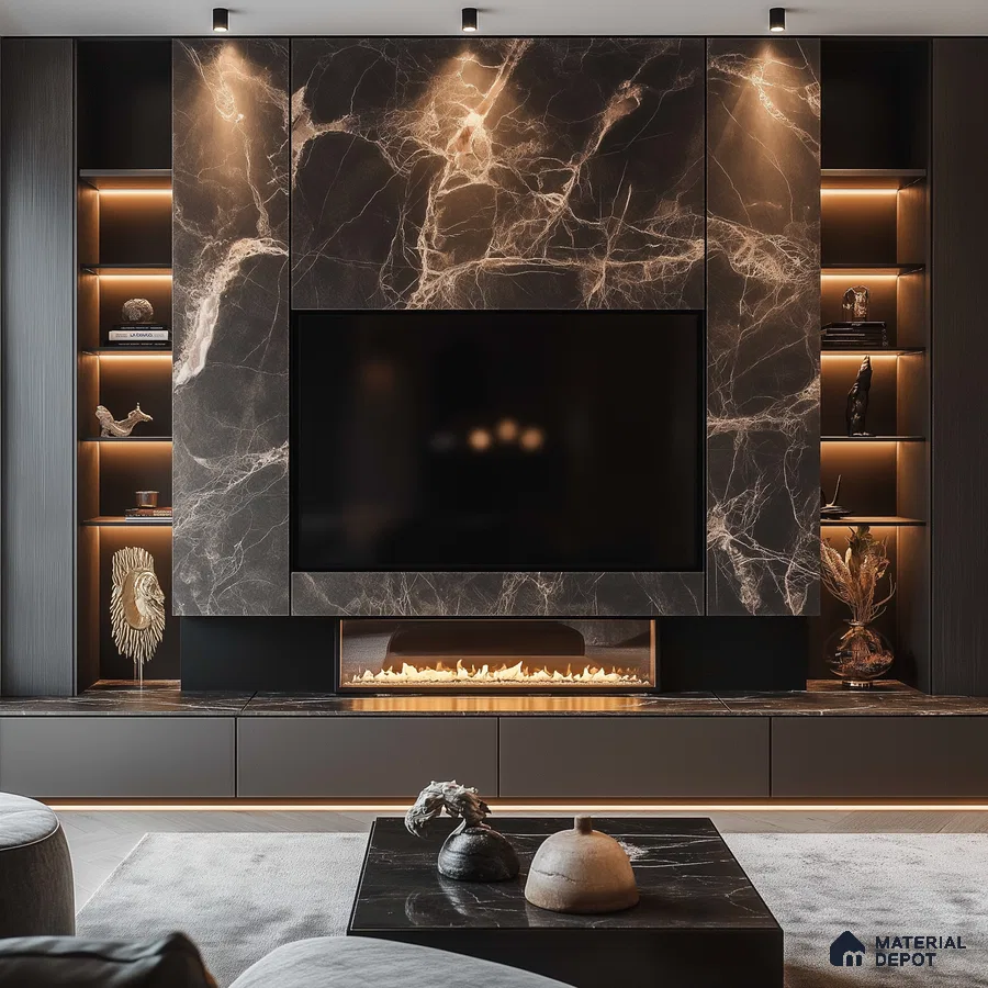 Dramatic Living Room with Black Marble Feature Wall and Fireplace | Material Depot