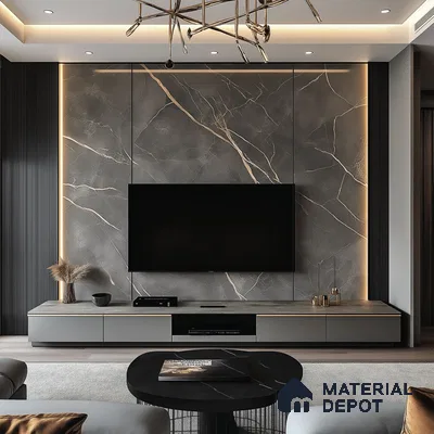 Dramatic Living Room with Dark Marble Feature Wall and Gold Accents | Material Depot
