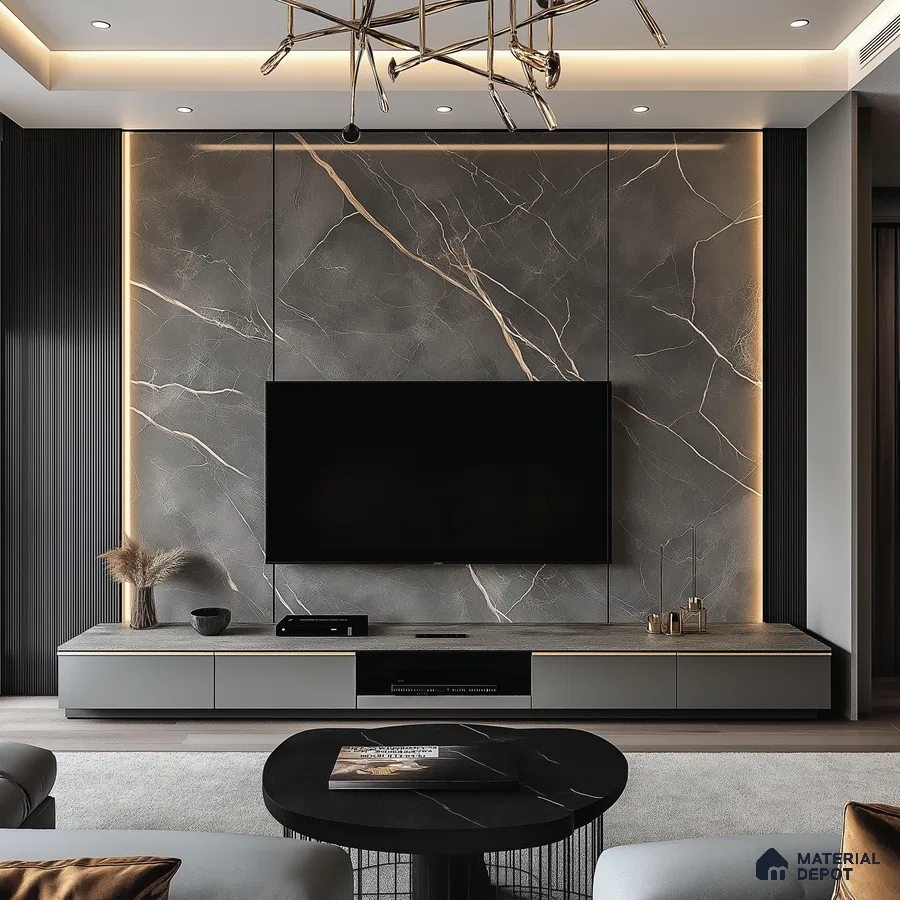 Dramatic Living Room with Dark Marble Feature Wall and Gold Accents | Material Depot