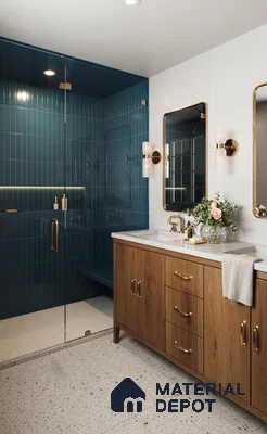 Dramatic Modern Bathroom with Deep Blue Tiled Shower, Terrazzo Floor, and Wood Vanity | Material Depot