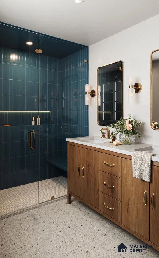 Dramatic Modern Bathroom with Deep Blue Tiled Shower, Terrazzo Floor, and Wood Vanity | Material Depot