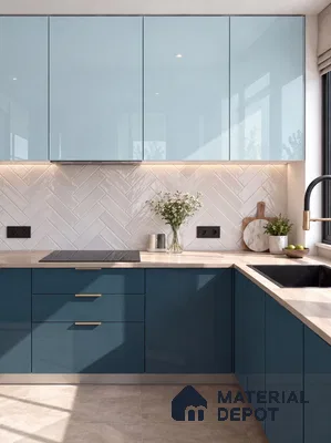 Dual-Tone Blue High-Gloss Kitchen with White Herringbone Subway Backsplash Tile