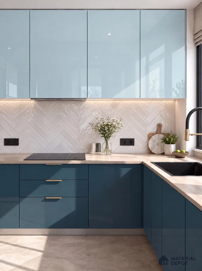 Dual-Tone Blue High-Gloss Kitchen with White Herringbone Subway Backsplash Tile
