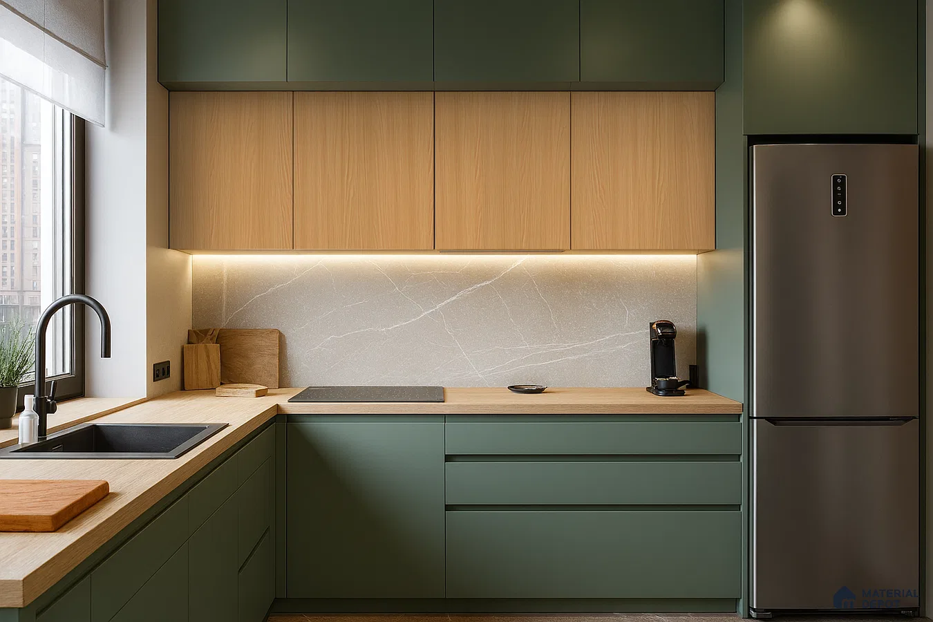 Sage Green and Wood Kitchen with Stone Backsplash and Fluted Accent | Material Depot