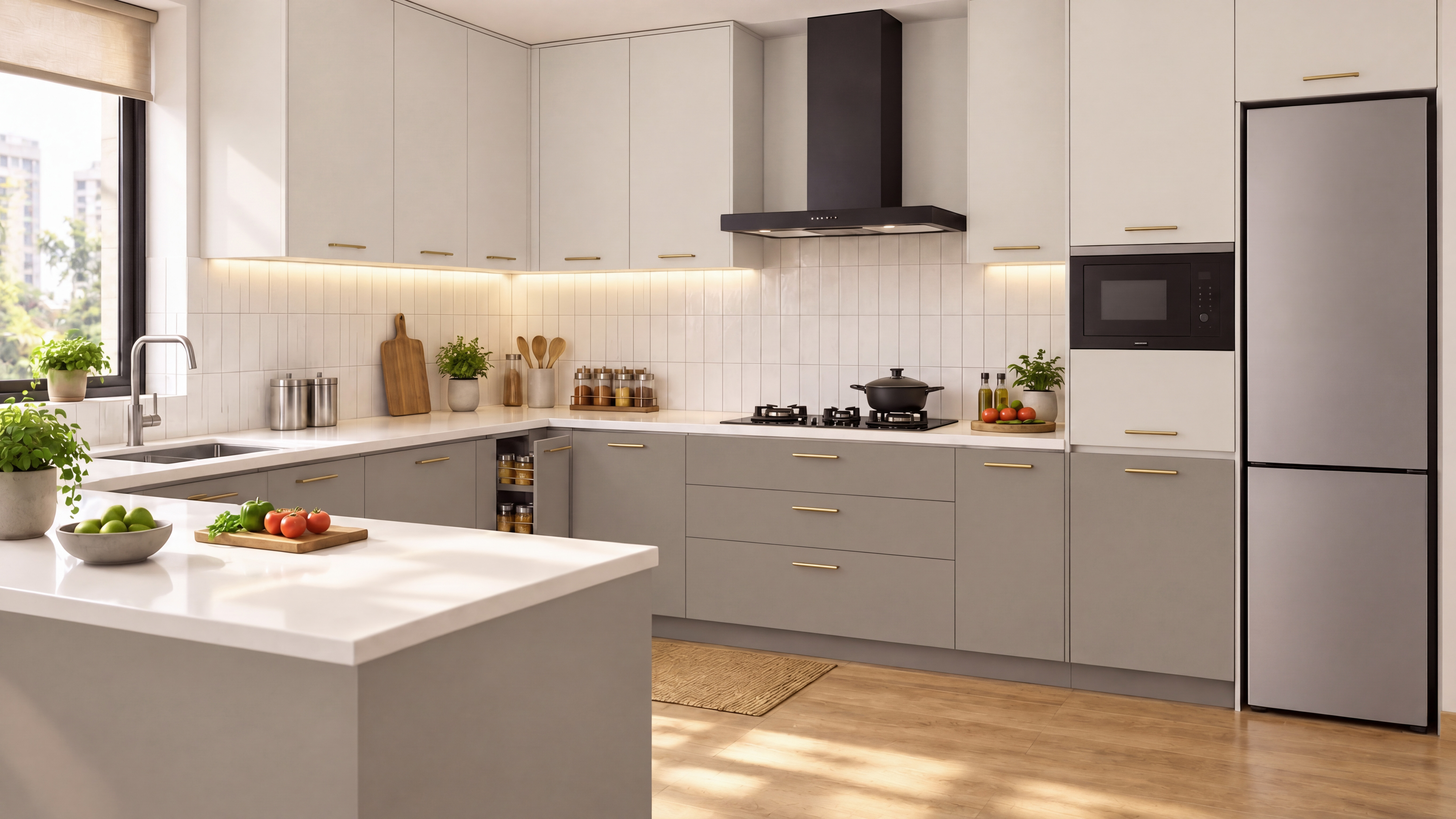 Dual-Tone Kitchen with Ivory and Grey Matte Laminate Cabinets