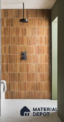 Title: "Earthy Terracotta Vertical Tiles in Minimalist Shower Design" | Material Depot
