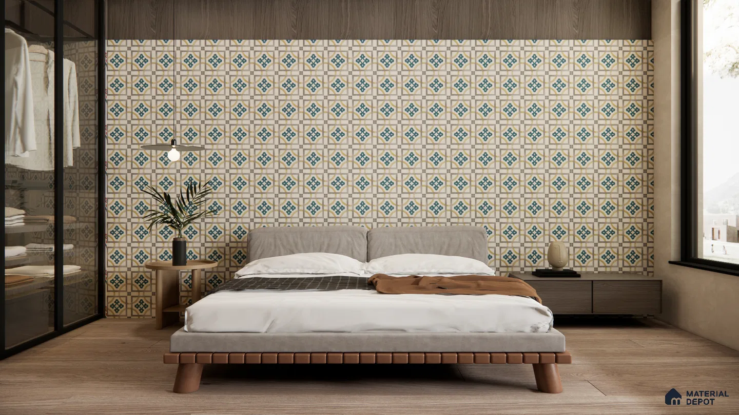 Earth-Toned Bedroom with Classic Moroccan-Inspired Tile Accent Wall | Material Depot