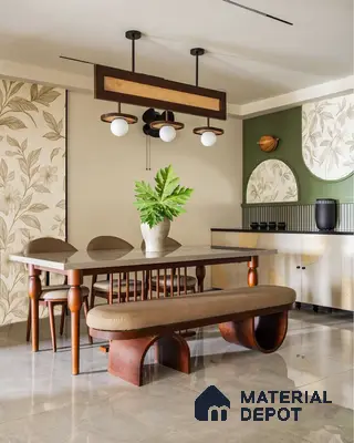 Earth-Toned Dining Space with Arched Wall Details, Upholstered Bench & Modern Pendant Light in Prestige Kensington Gardens Jalahalli | Material Depot