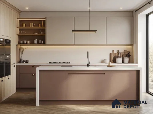 Glossy Island Kitchen with Dark Accents and Floor-to-Ceiling Windows | Material Depot